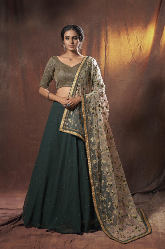 Deep Green Georgette Lehenga with Shimmer Blouse Size Mehendi