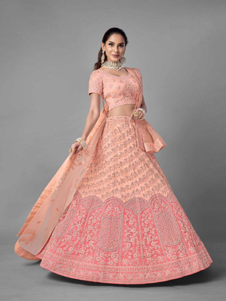 Peach Soft Net Bridal Wear Lehenga Set - - Glamou al