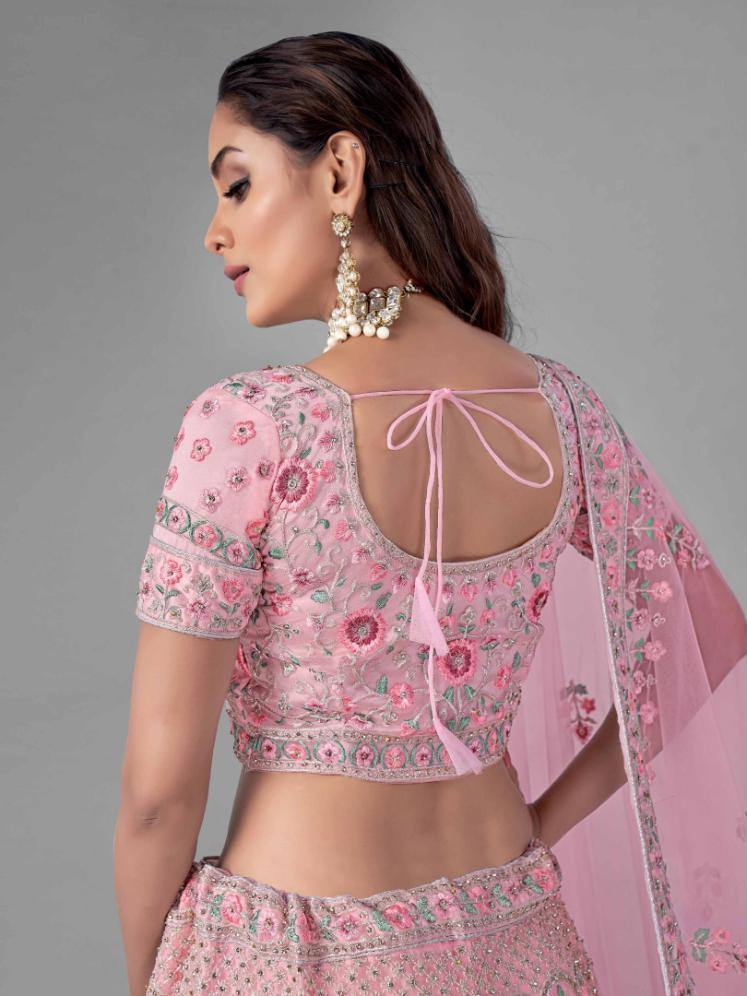 Pink Soft Net Bridal Wear Lehenga Set - - Glamou al