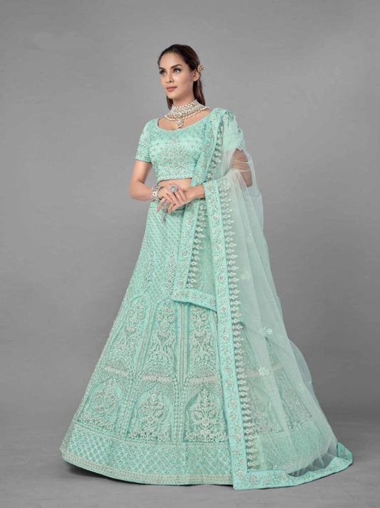 Sea Green Soft Net Bridal Wear Lehenga Set - Glamou al