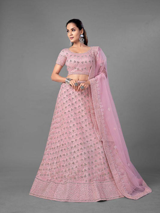 Pink Dori Work Net Bridal Wear Lehenga Set - - Glamou al