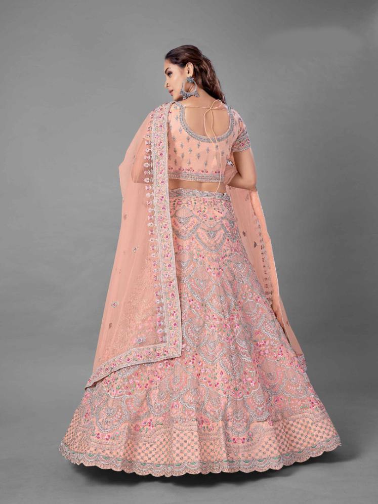 Peach Soft Net Bridal Wear Lehenga Set - Glamou al