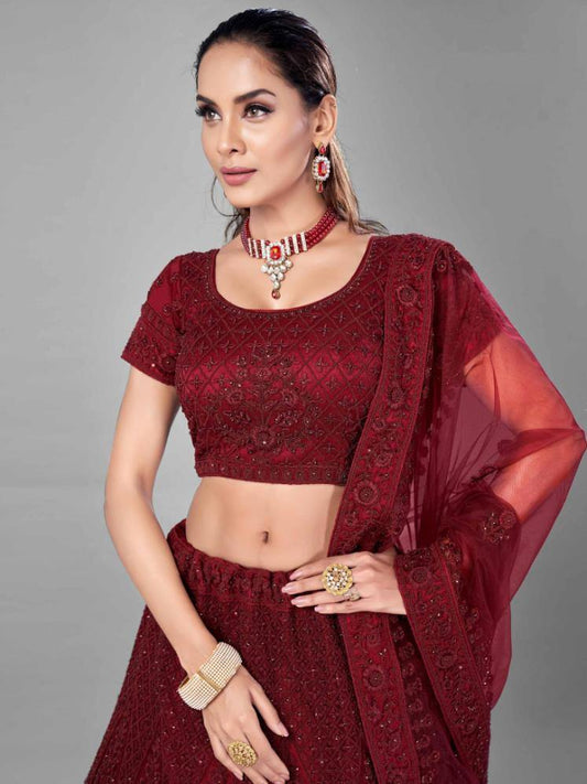 Red Soft Net Bridal Wear Lehenga Set