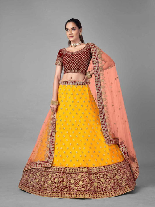 Mustard and Red Net Bridal Wear Lehenga Set - - Glamou al