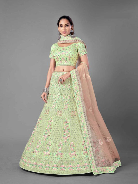 Pista Green Dori Work Net Lehenga Set - Glamou al