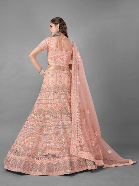 Peach Dori Work Net Lehenga Set - Glamou al