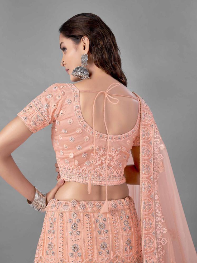Peach Dori Work Net Lehenga Set - Glamou al