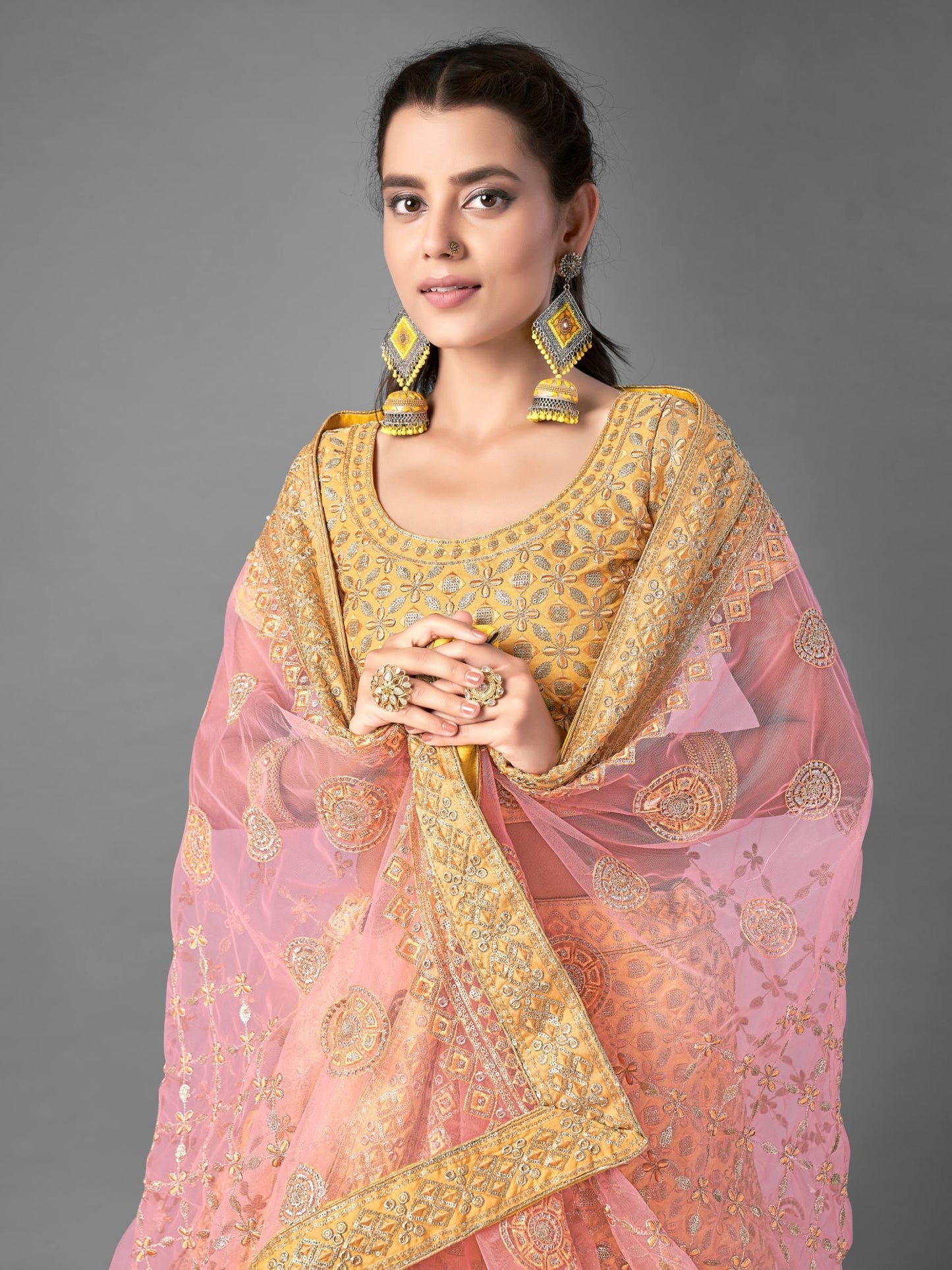 Yellow Art Silk Soft Net Lehenga Set - - Glamou al