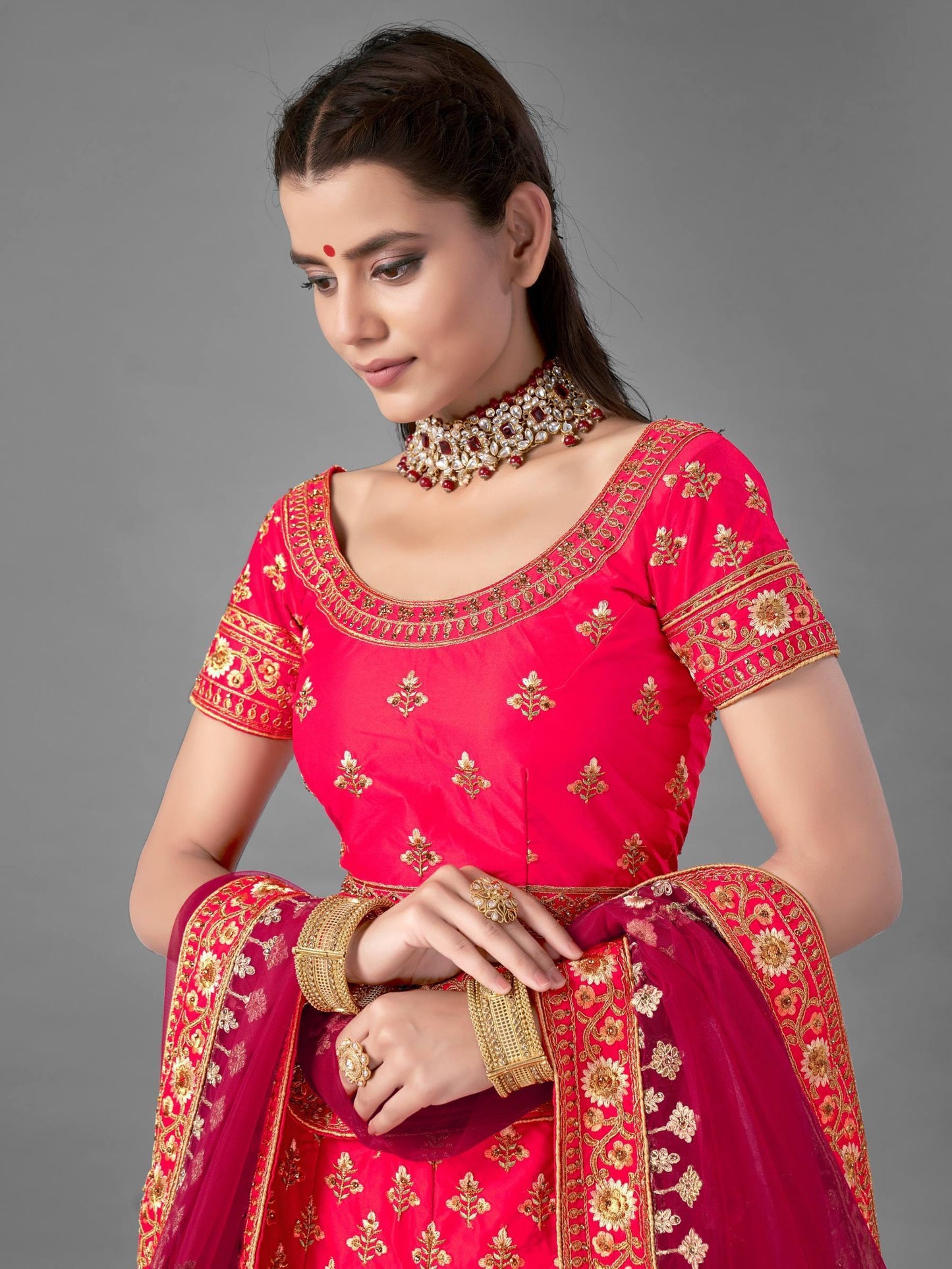 Pink Satin Soft Net Bridal Wear Lehenga Set - Glamou al