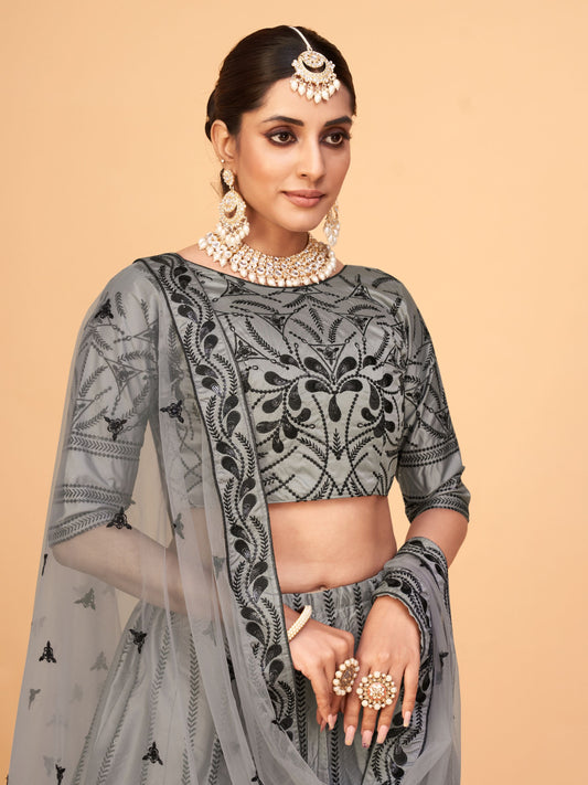 Grey Color Ferrari Silk Sequins Embroidery Lehenga