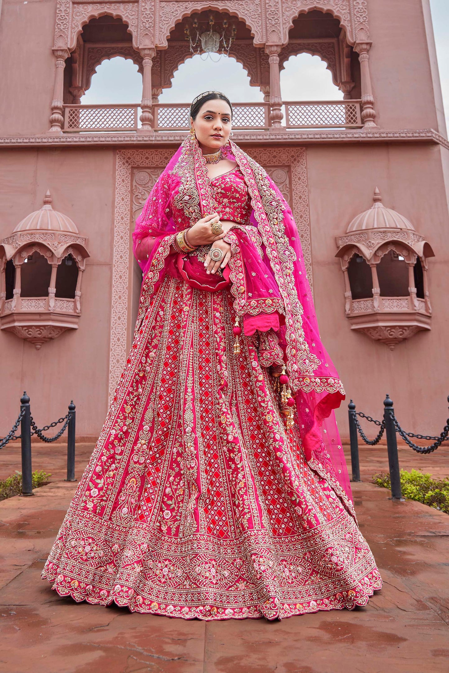 Pink Heavy Embroidered Silk Lehenga