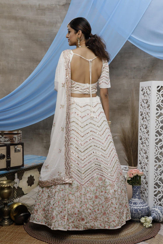 Pearl White Georgette Bridal Lehenga Choli with Thread, gota patti embroidered work - Glamou al