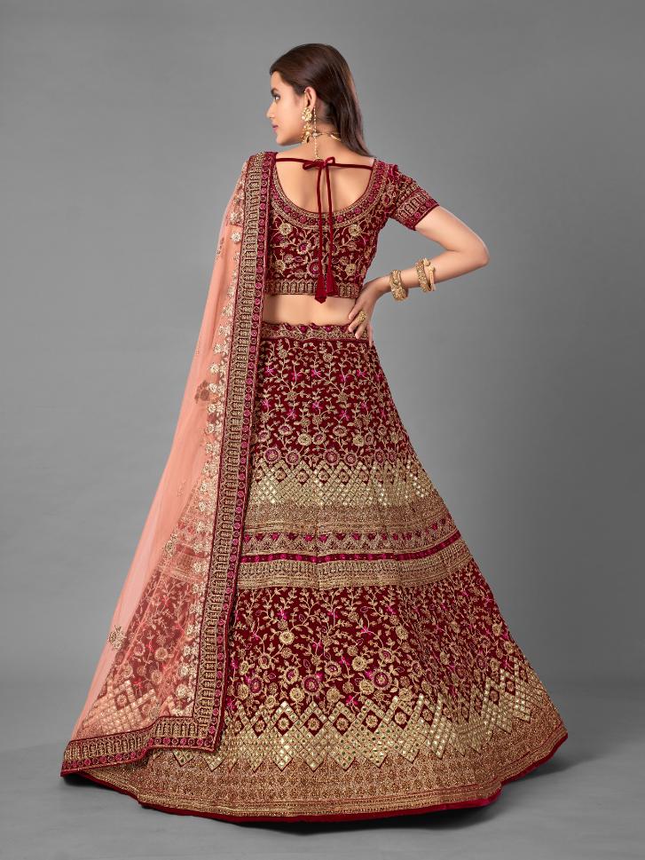 Maroon Velvet Partywear Lehenga Set