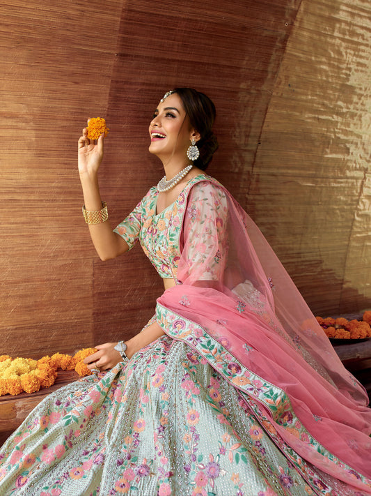 Green Satin Swarovski Embroidery Lehenga for Mehendi DT7107