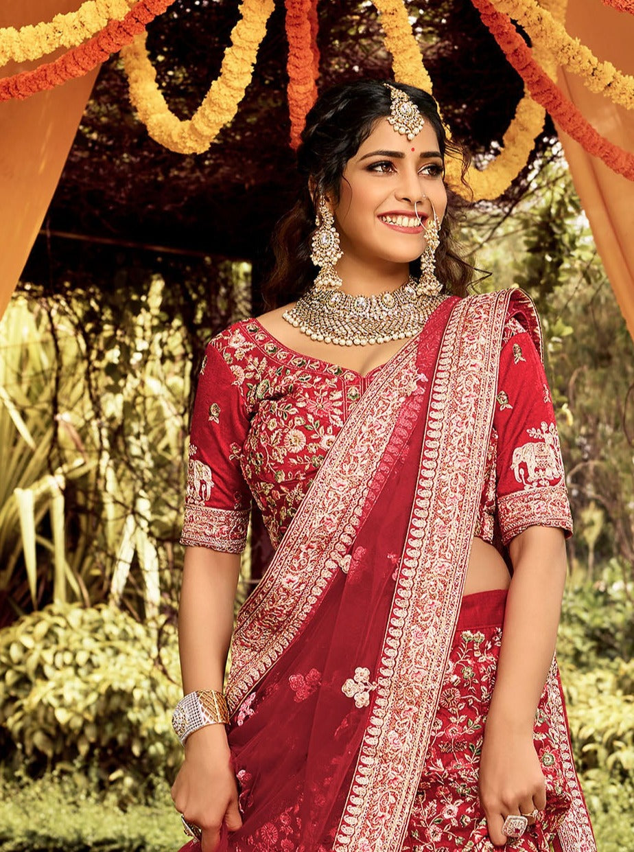 Dark Red Color Art Silk Bridal Lehenga Choli