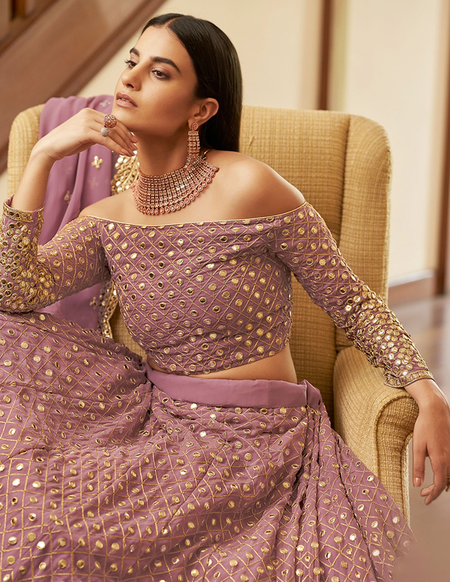 Mauve Georgette Mirror Work Lehenga Set