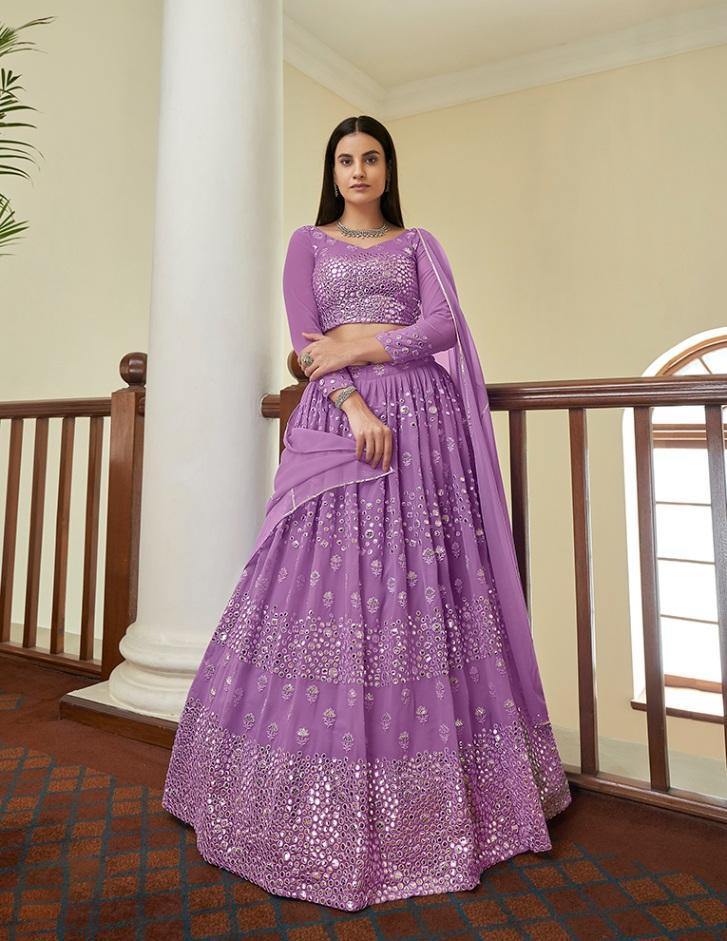 Lilac Georgette Mirror Work Lehenga for Bridesmaid 7302
