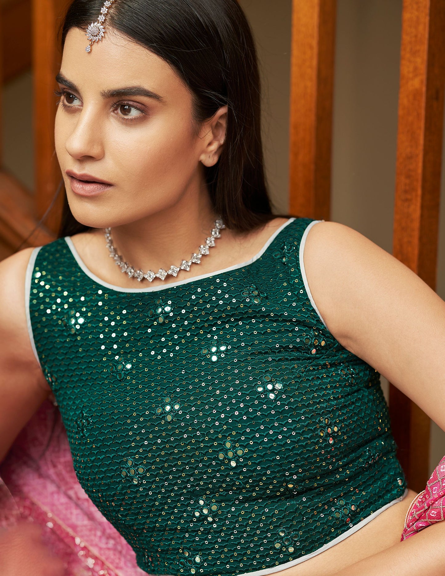 Grey Organza Mirror Work Wedding Guest Lehenga Set 7303