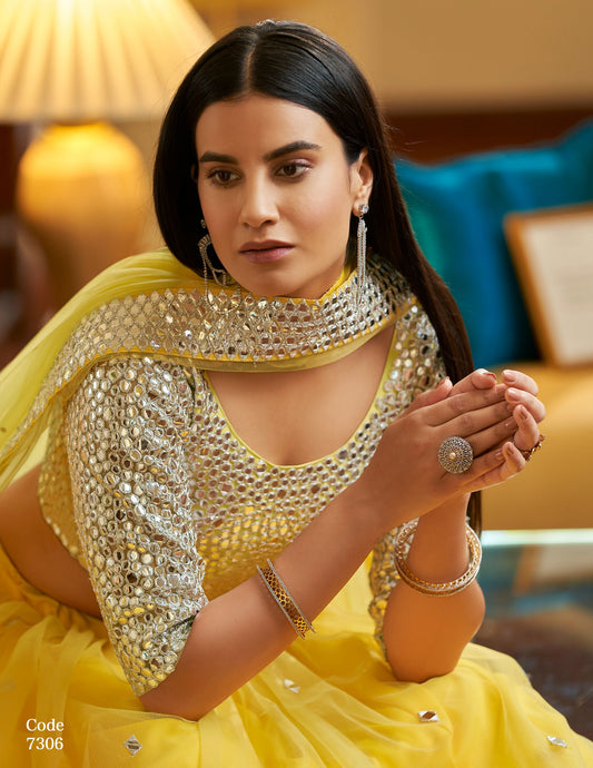 Yellow Soft Net Lehenga Set for Haldi 7306a