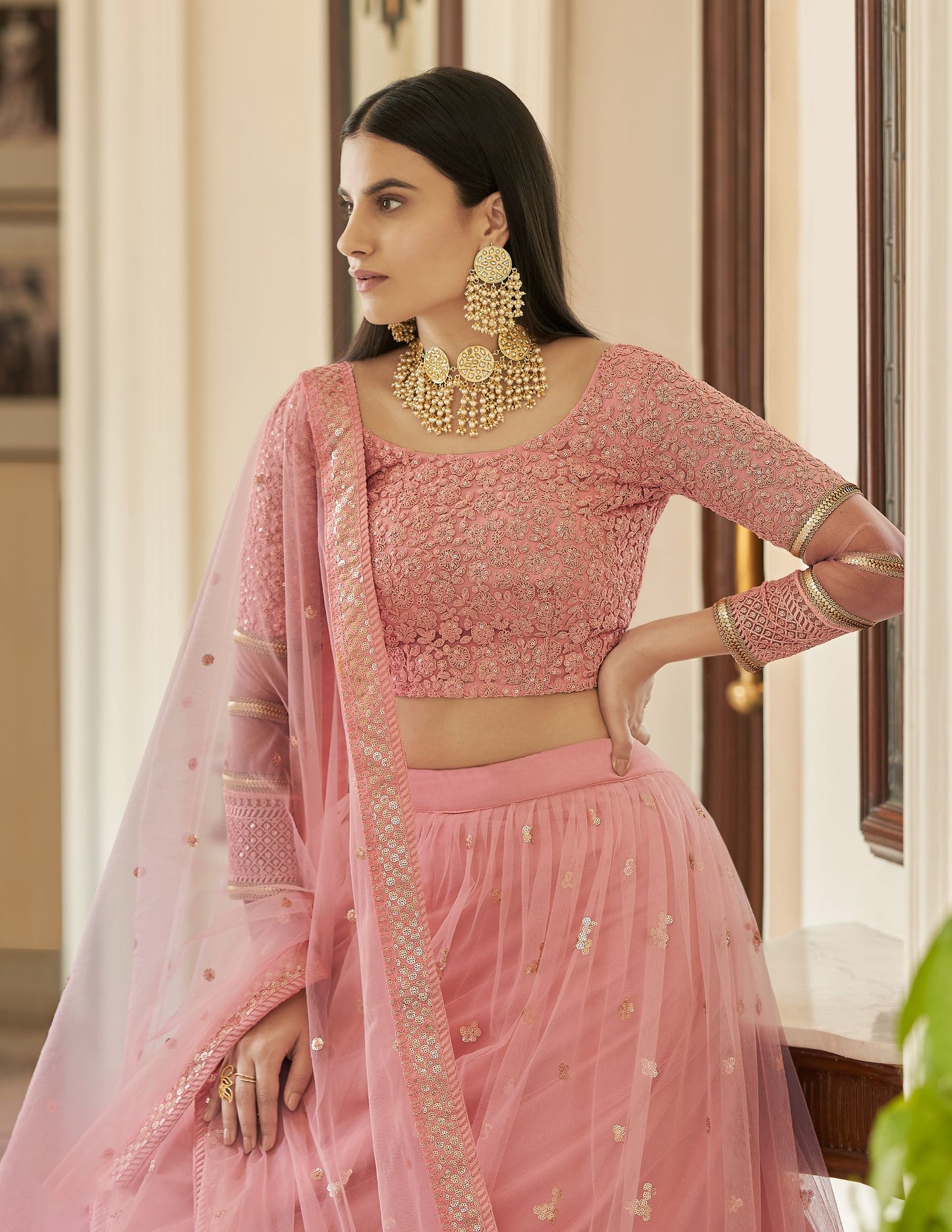 Peach Soft net Lehenga with Net Dupatta for Bridesmaid 7309a