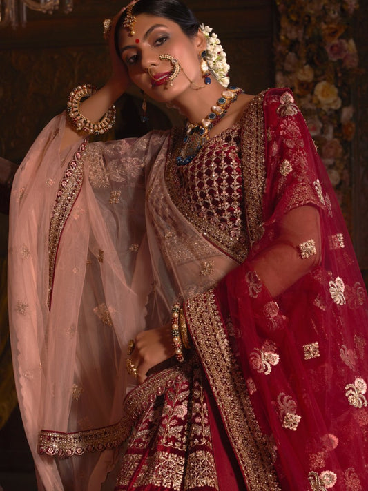 Exclusive Maroon Embroidered Velvet Bridal Lehenga