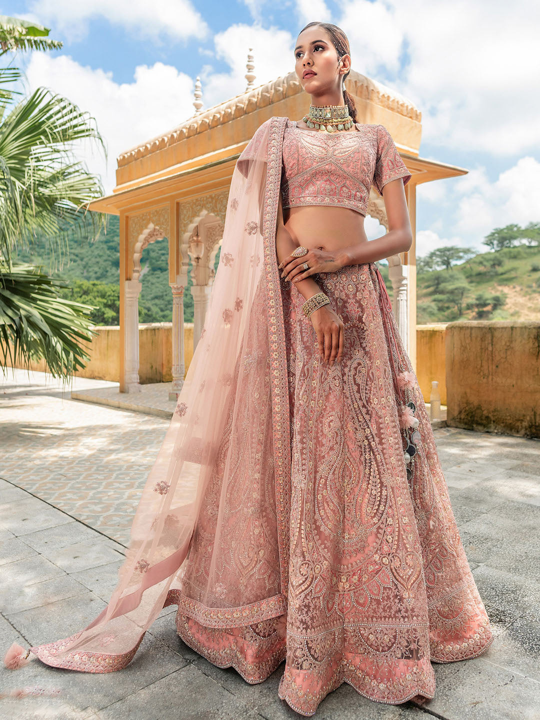 Pink Georgette Heavy Thread Embroidery Lehenga