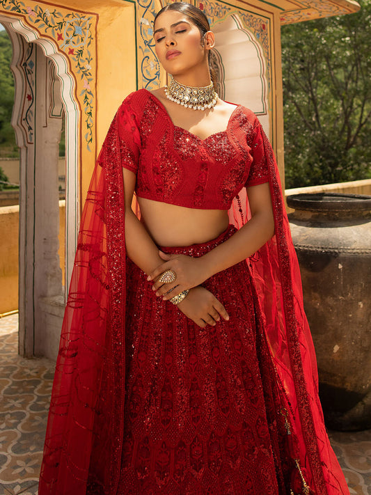 Red Net Heavy Thread Embroidery Lehenga for Bride AN77287b
