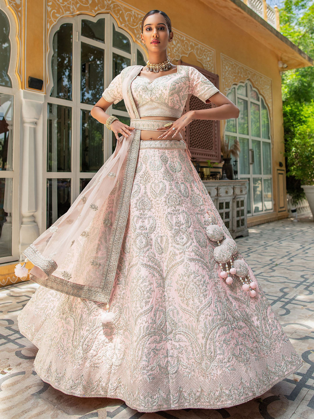 Peach Net Heavy Thread Embroidery Bridal Lehenga AN77290