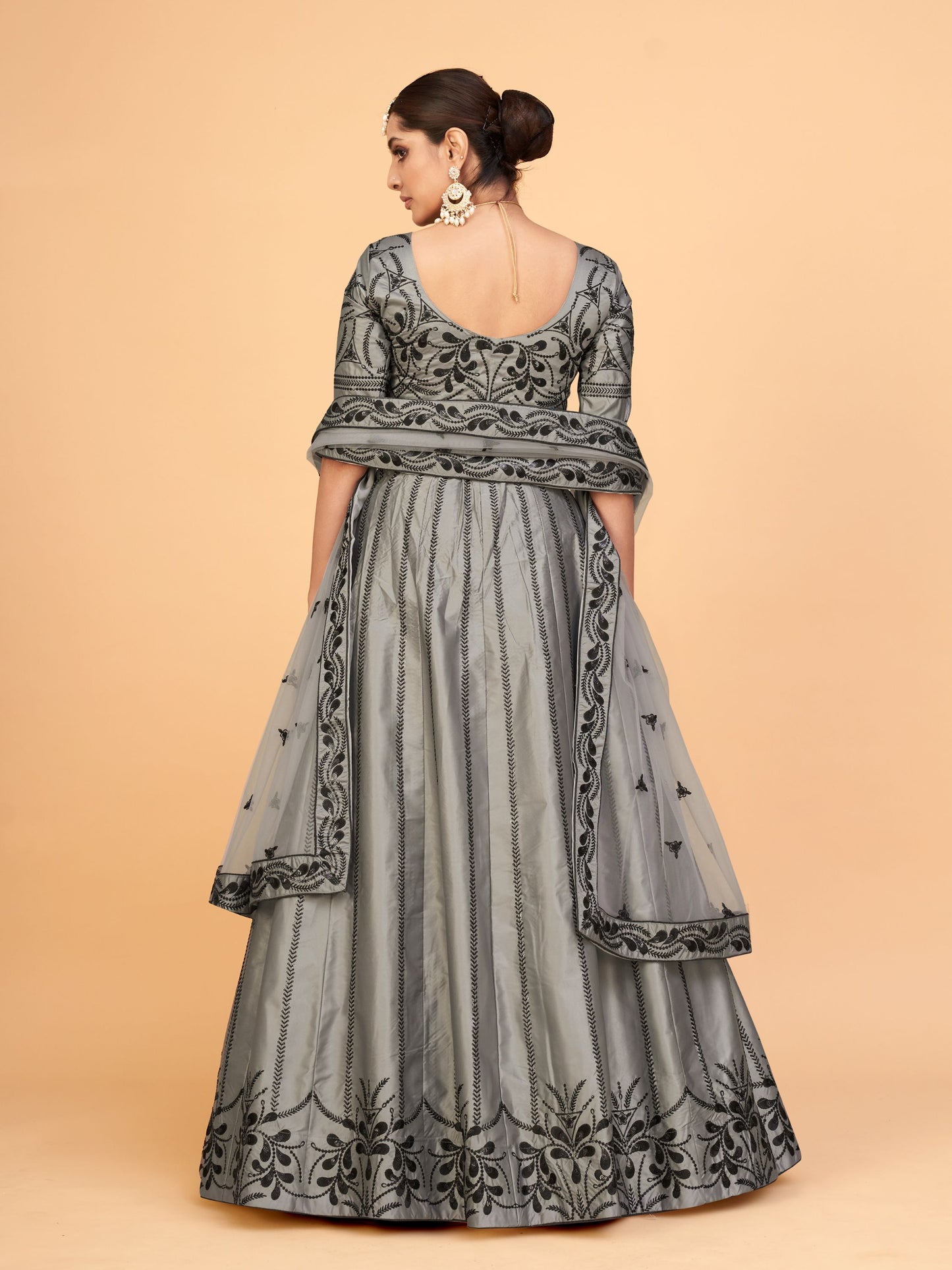 Grey Color Ferrari Silk Sequins Embroidery Lehenga