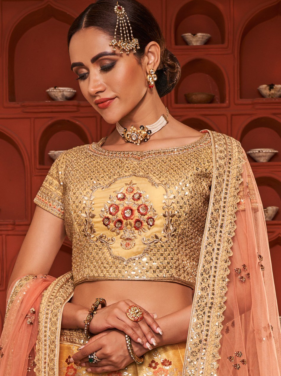 Adorable Yellow Heavy Embroidered Banarasi Silk Lehenga