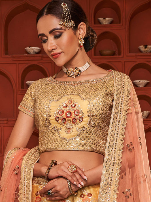 Adorable Yellow Heavy Embroidered Banarasi Silk Lehenga