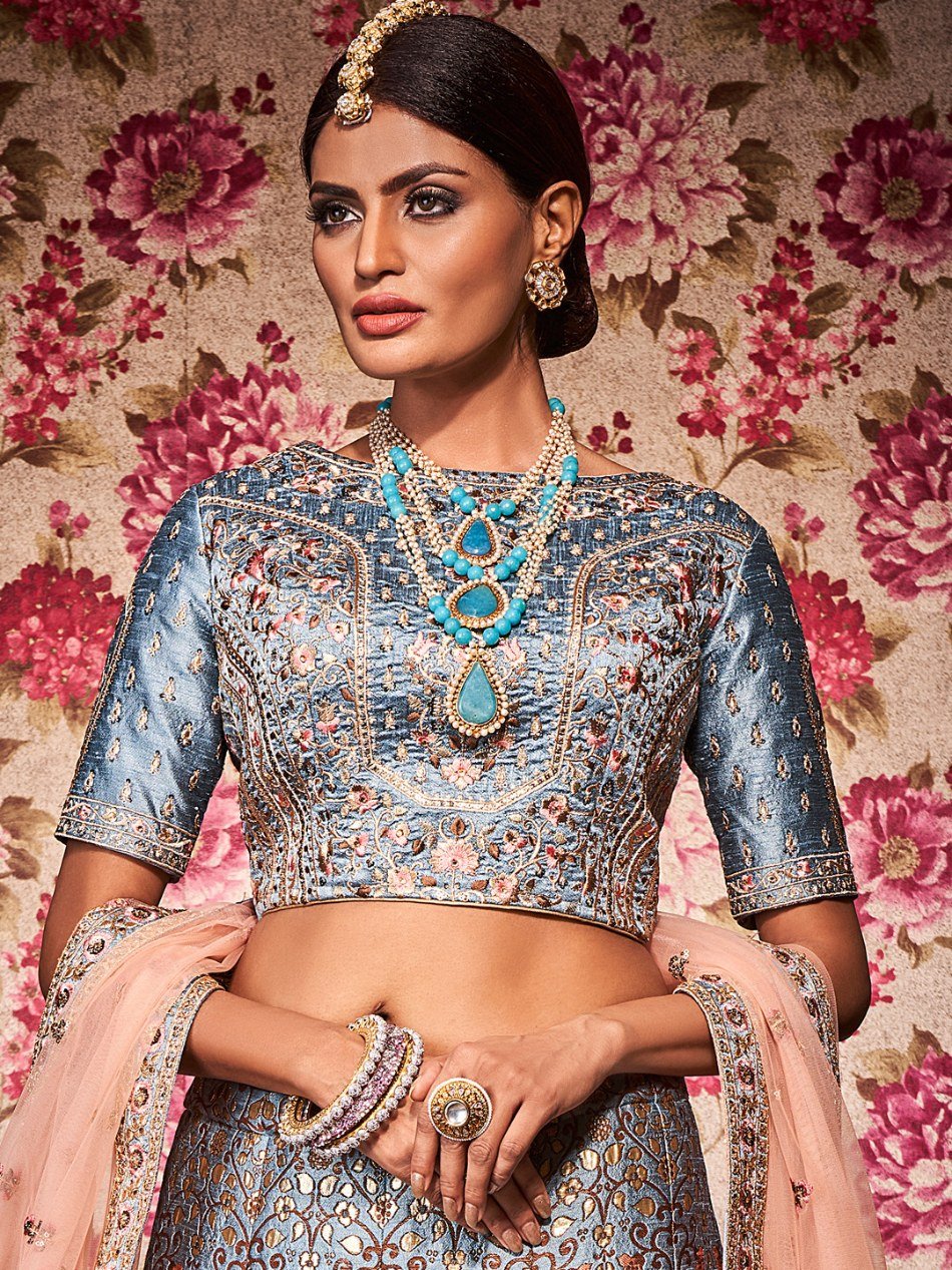 Beautiful Grey Embroidered Banarasi Silk Lehenga