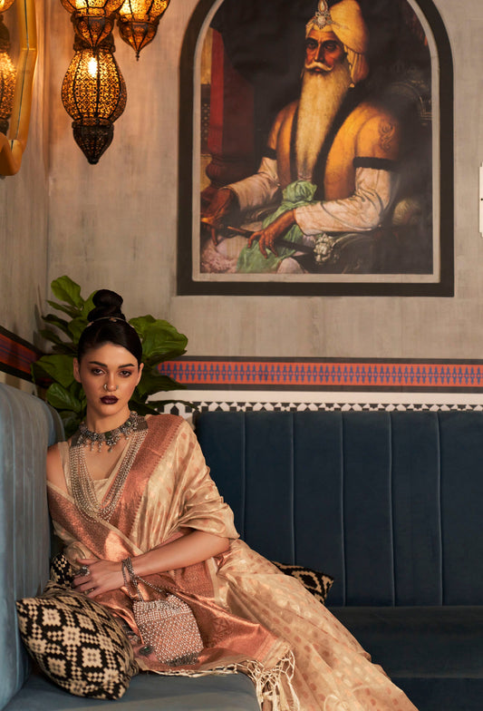 Beige Banarasi Woven Silk Saree