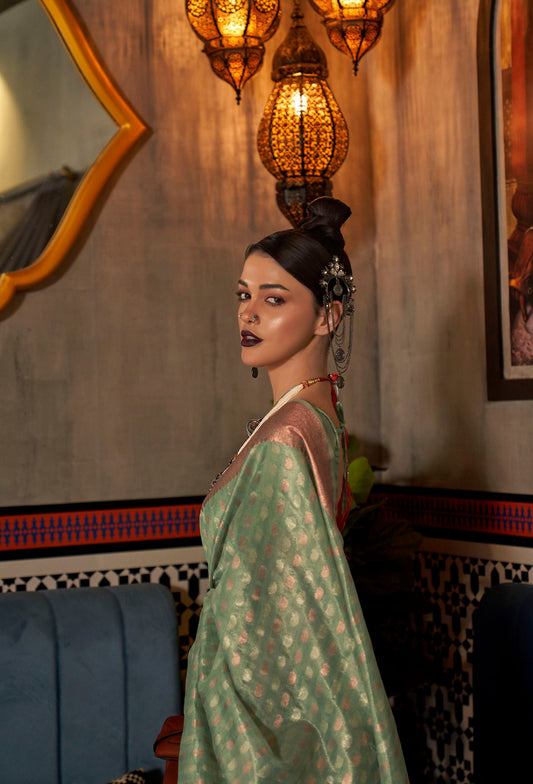 Sea Green Banarasi Woven Silk Saree