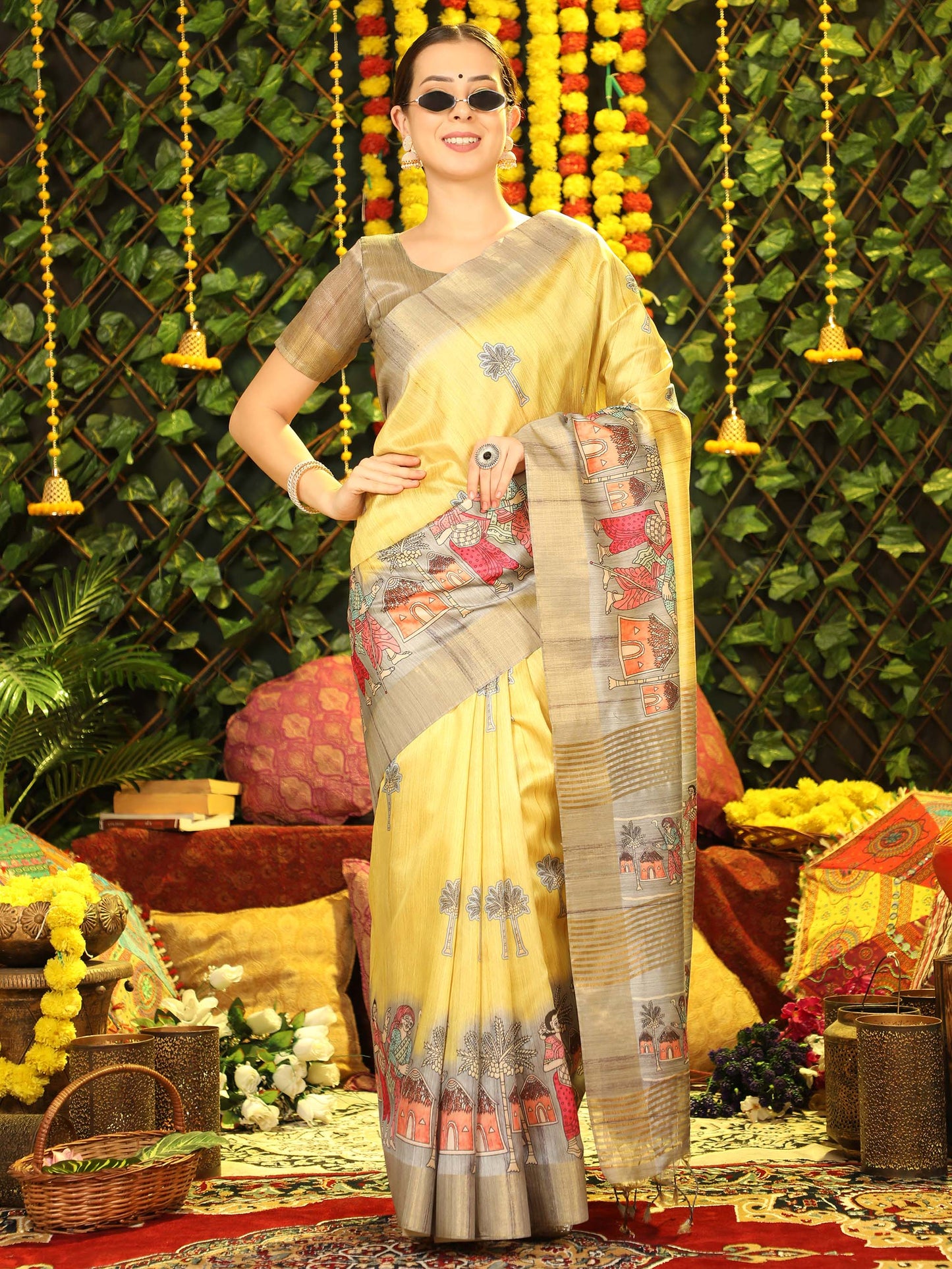 Yellow Kalamkari print Soft Tussar Silk Saree with Beige coloured Blouse