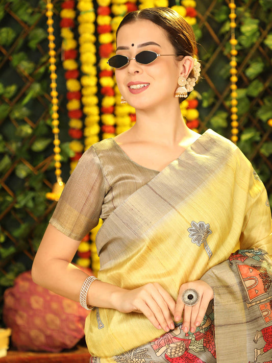 Yellow Kalamkari print Soft Tussar Silk Saree with Beige coloured Blouse