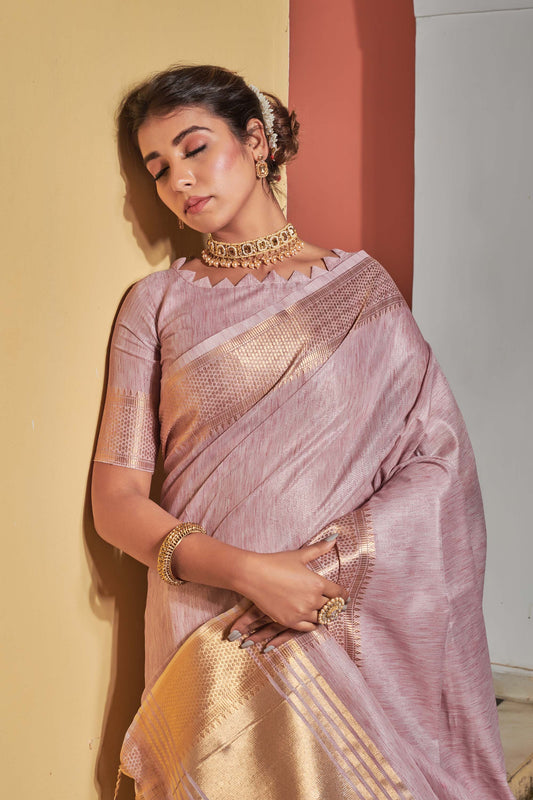 Baby Pink Zari Woven Maheshwari Silk Saree