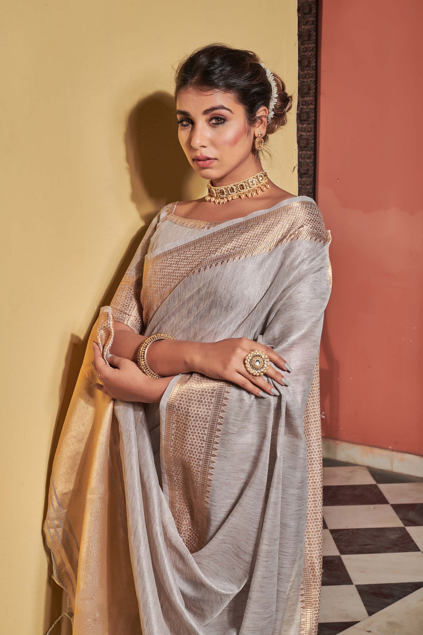 Light Coffee Zari Woven Maheshwari Silk Saree