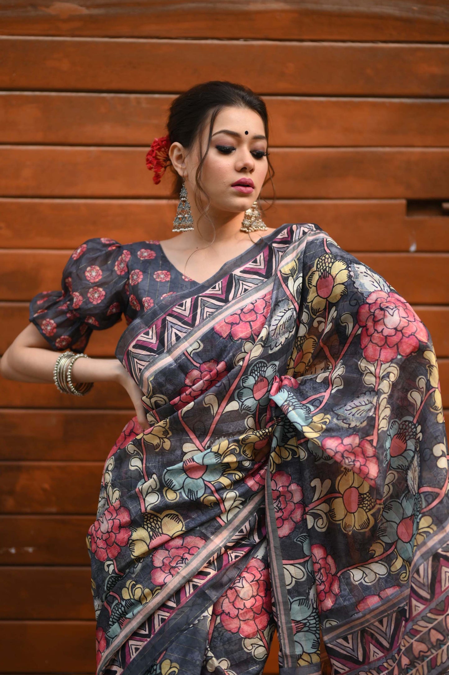 Black Zari lined and Digital Printed Cotton Saree