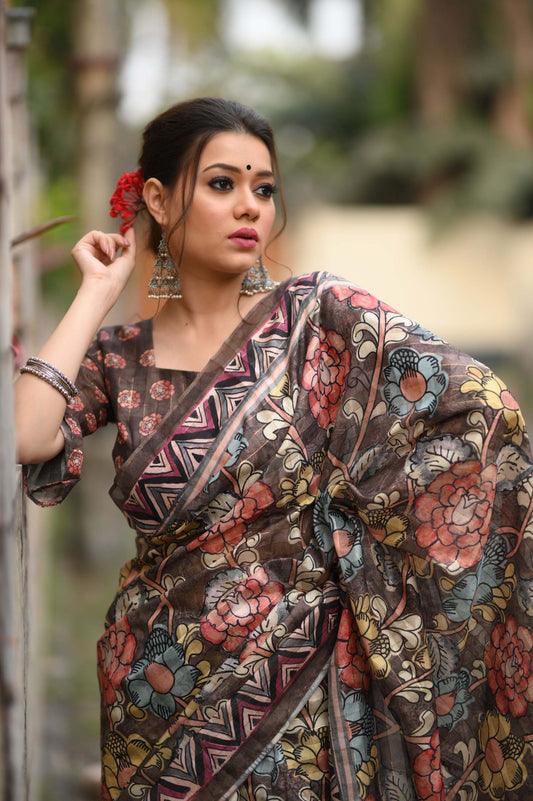 Coffee Zari lined and Digital Printed Cotton Saree