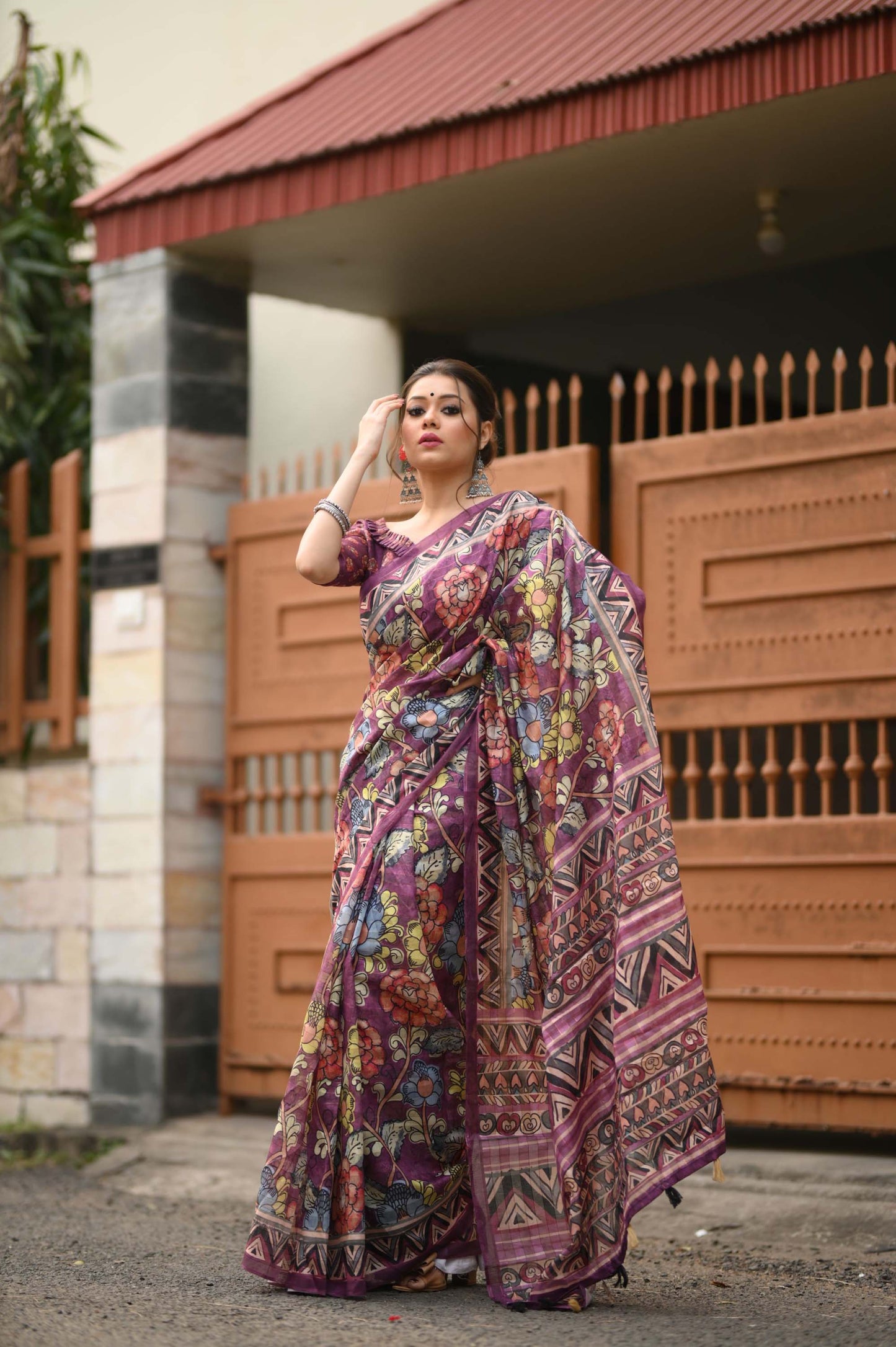 Wine Zari lined and Digital Printed Cotton Saree