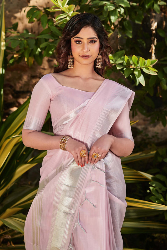 Light Pink Jacquard Woven Tissue Linen Saree