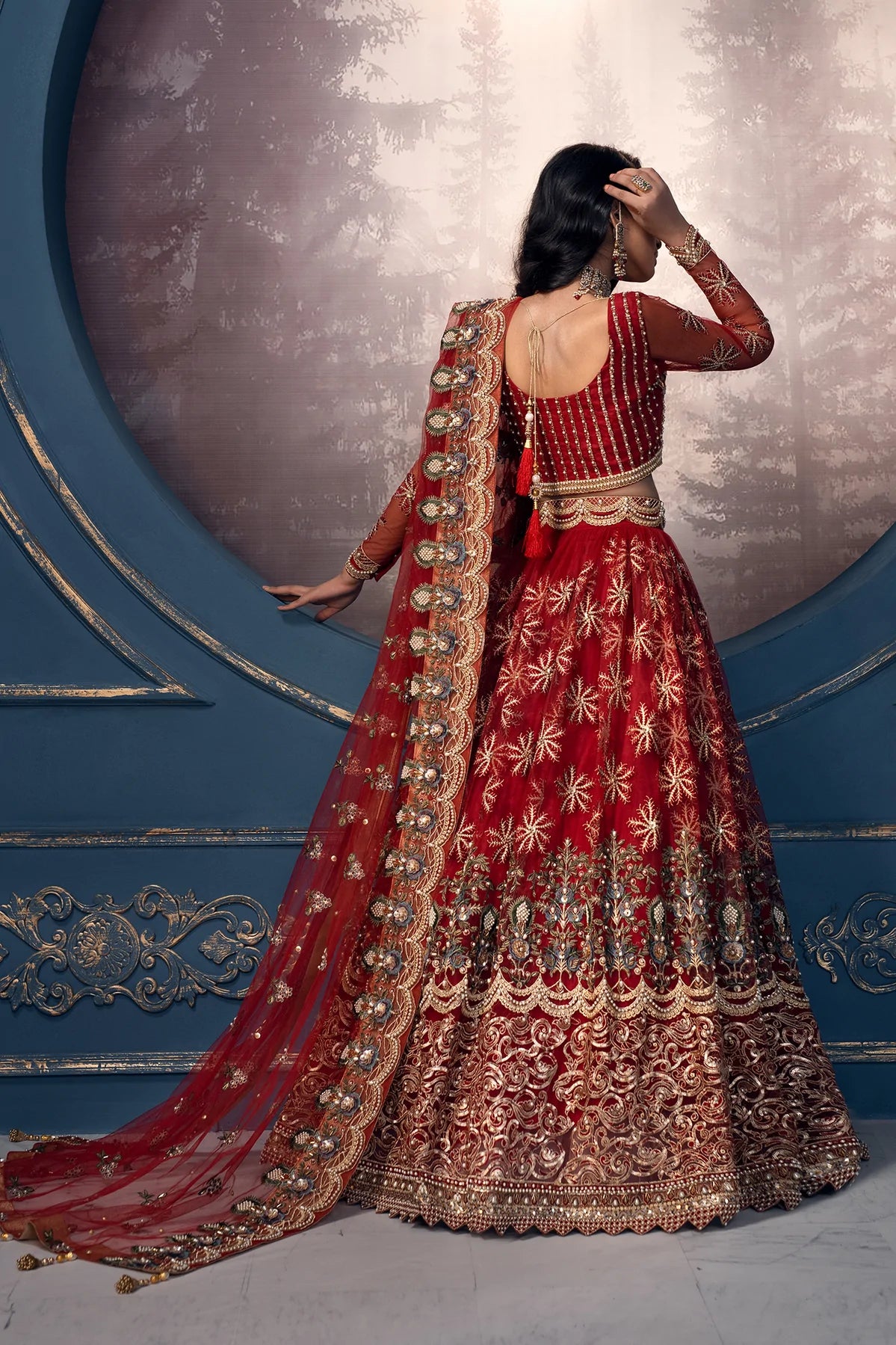 Red Net Heavy Embroidered Bridal Wear Lehenga Choli