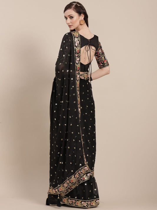 Black Sequins Embroidery Partywear Designer Silk Saree