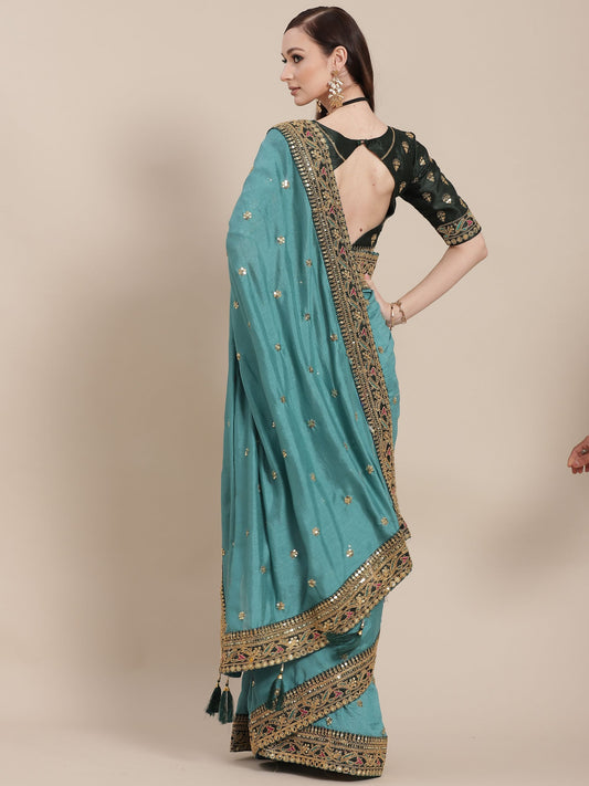Blue Silk Partywear Sequins Work Saree for Sangeet