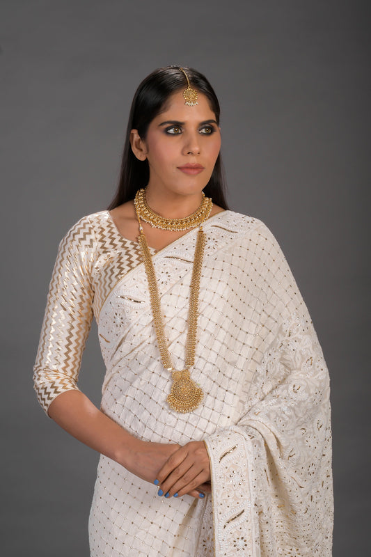 Cream Heavy Chikankari Saree With Mukaish for Brides Mother
