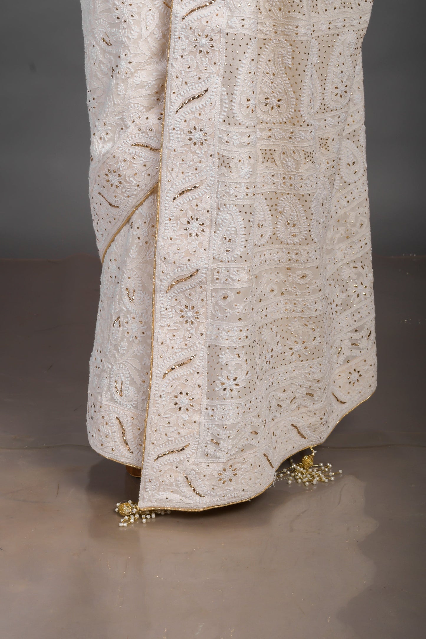Cream Heavy Chikankari Saree With Mukaish for Brides Mother