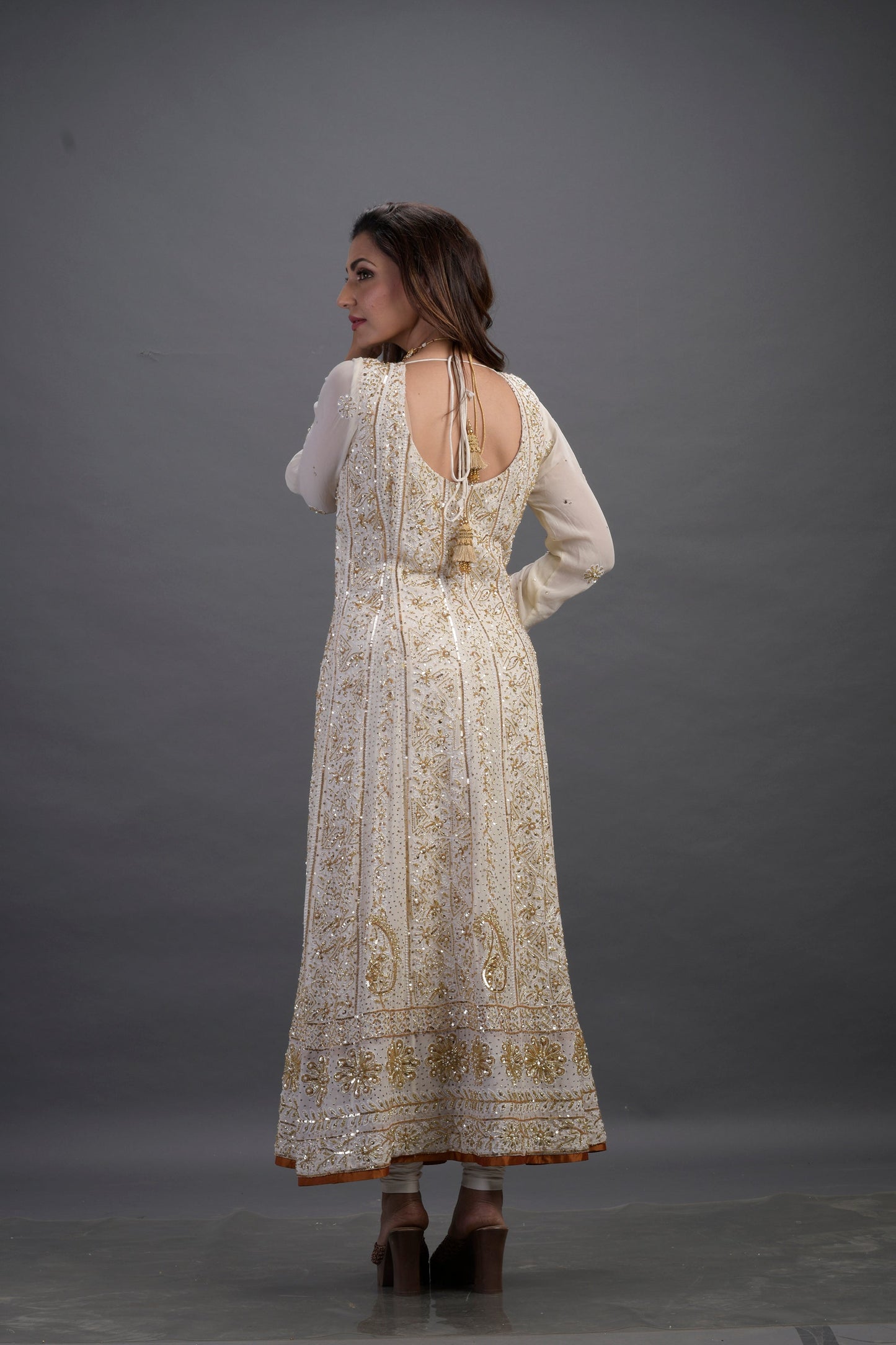 White Color Thread Embroidery Georgette Anarkali