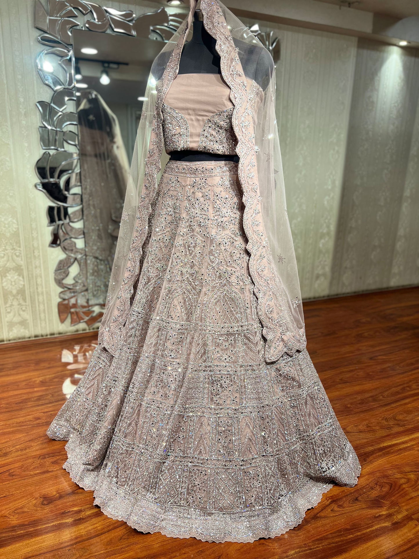 Light Peach Net Hand Embroidered crystal woven Bridal Lehenga