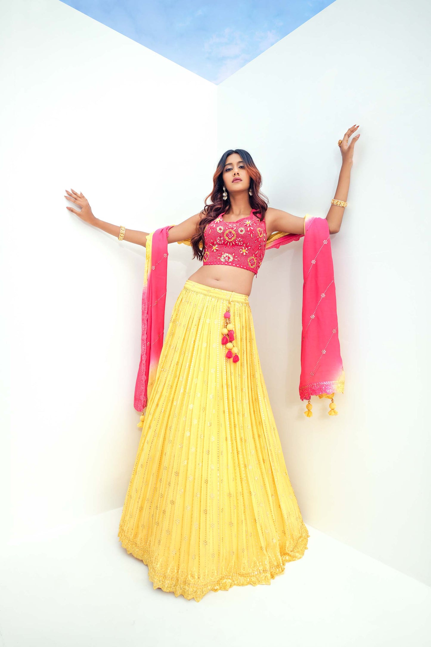 Yellow & Pink Embroidered Lehenga for Haldi 77202